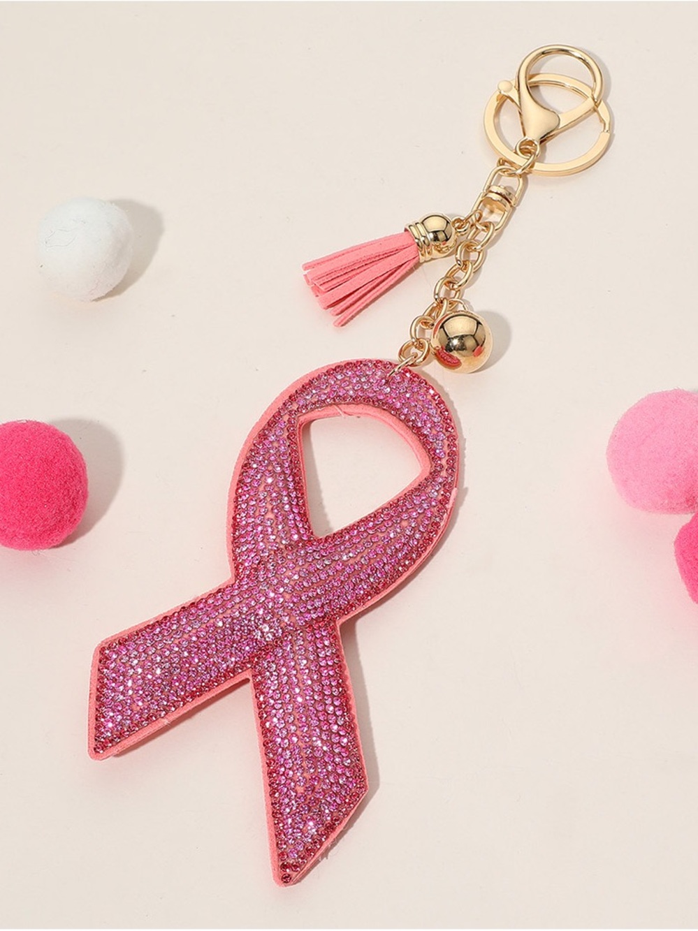 Pink Crystal Awareness Ribbon Keychain with Tassel